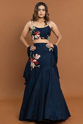 Royal Blue Silk & Georgette Resham Embroidered Lehenga Set by Aurouss