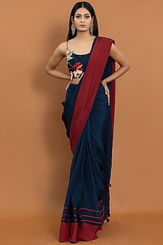 Royal Blue Organza & Silk Saree Set by Aurouss