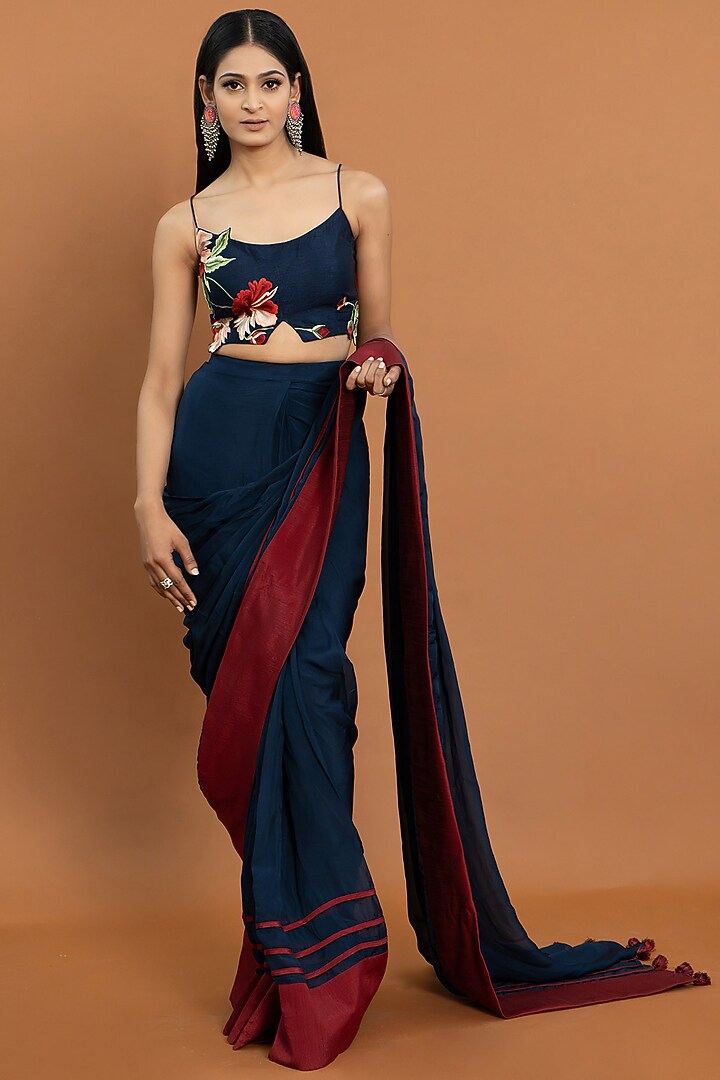 Royal Blue Organza & Silk Party Wear Saree Set by Aurouss at Pernia's Pop Up Shop