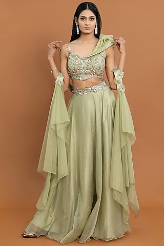 Mint Green Organza & Tulle Flowy Lehenga Set by Aurouss