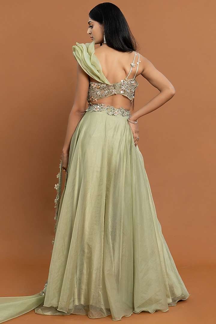 Mint Green Organza & Tulle Flowy Wedding Lehenga Set by Aurouss at Pernia's Pop Up Shop