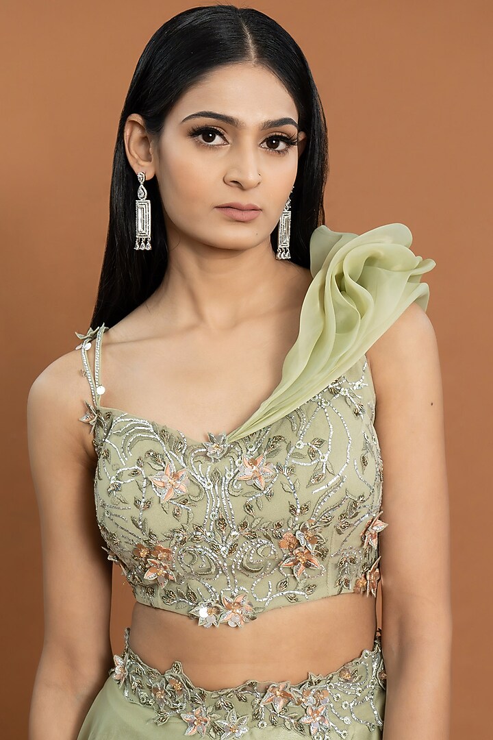Mint Green Organza & Tulle Flowy Wedding Lehenga Set by Aurouss at Pernia's Pop Up Shop