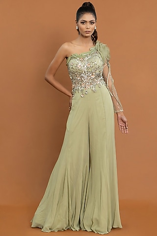 Mint Green Georgette 3D Floral Embellished Jumpsuit by Aurouss