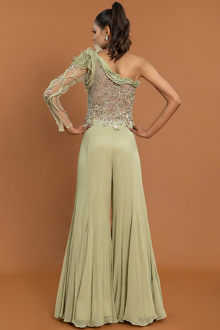 Mint Green Georgette 3D Floral Embellished Jumpsuit by Aurouss at Pernia's Pop Up Shop