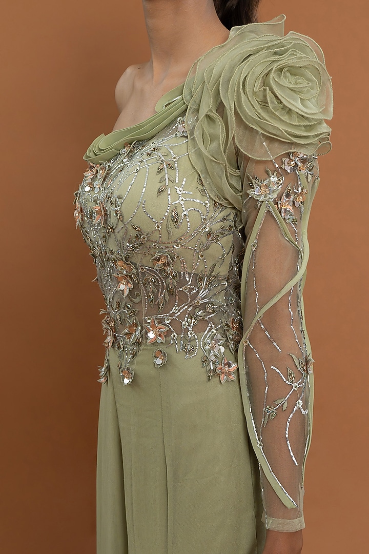 Mint Green Georgette 3D Floral Embellished Jumpsuit by Aurouss at Pernia's Pop Up Shop