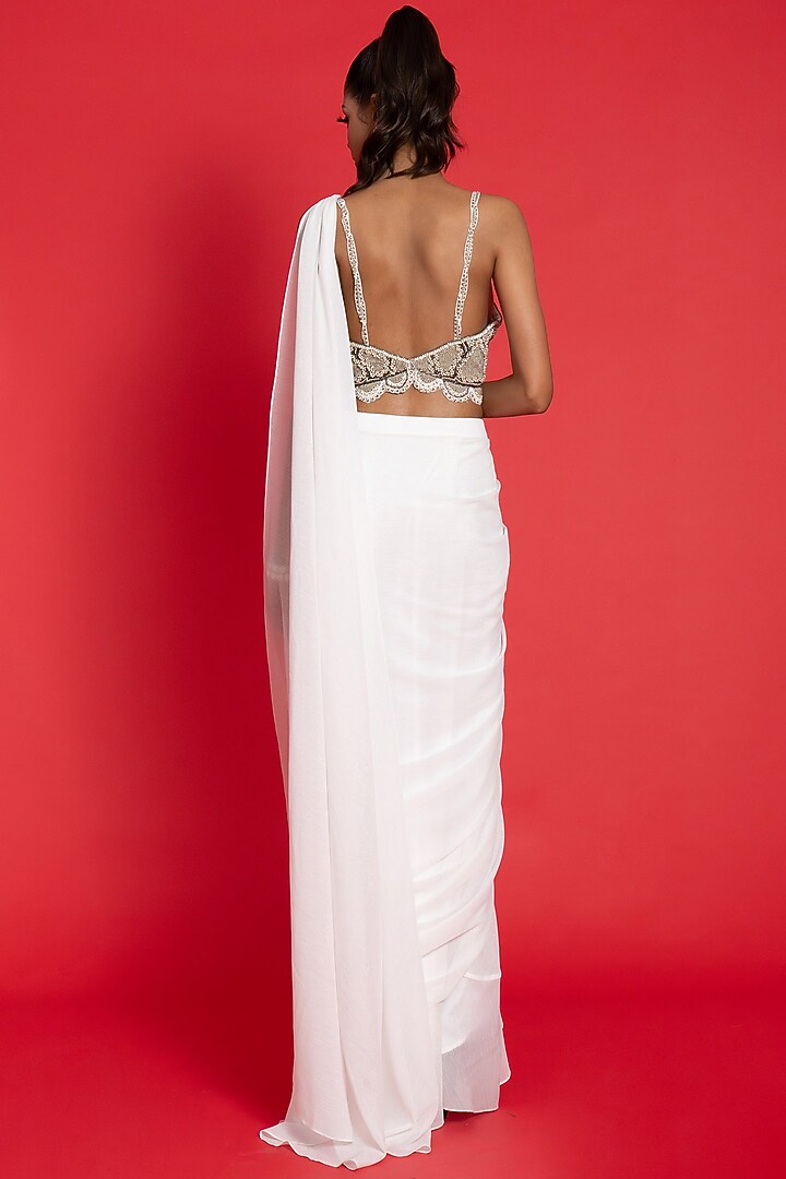 Ivory Shimmer Chiffon Draped Wedding Saree Set by Aurouss at Pernia's Pop Up Shop