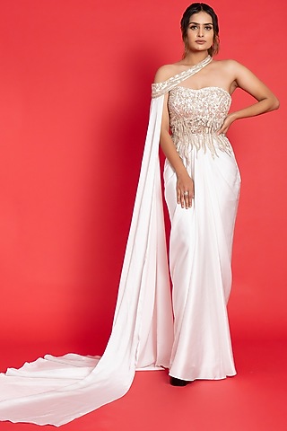Ivory Satin Silk & Tulle Draped Saree Set by Aurouss