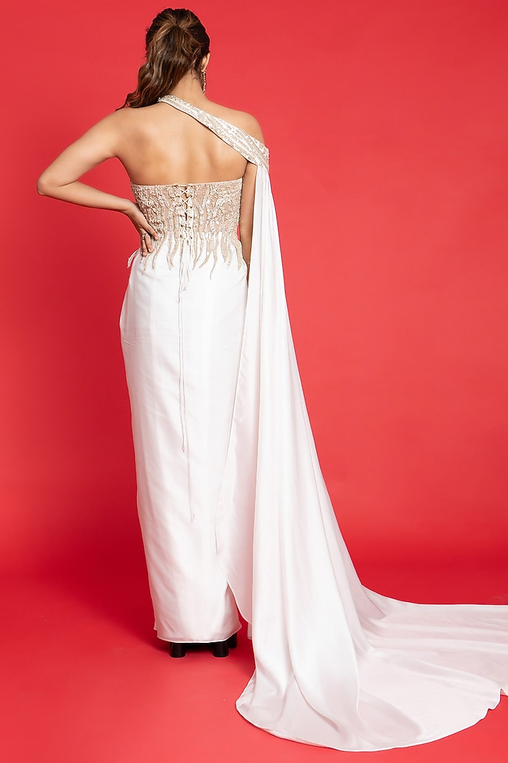 Ivory Satin Silk & Tulle Draped Party Wear Saree Set by Aurouss at Pernia's Pop Up Shop