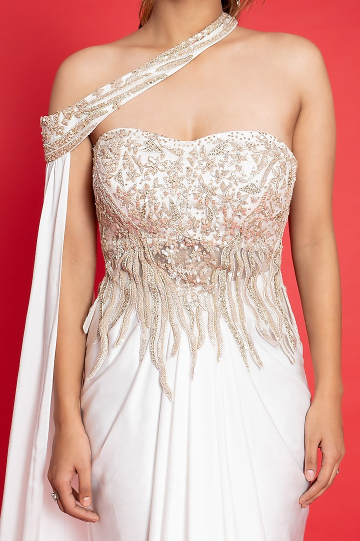Ivory Satin Silk & Tulle Draped Party Wear Saree Set by Aurouss at Pernia's Pop Up Shop