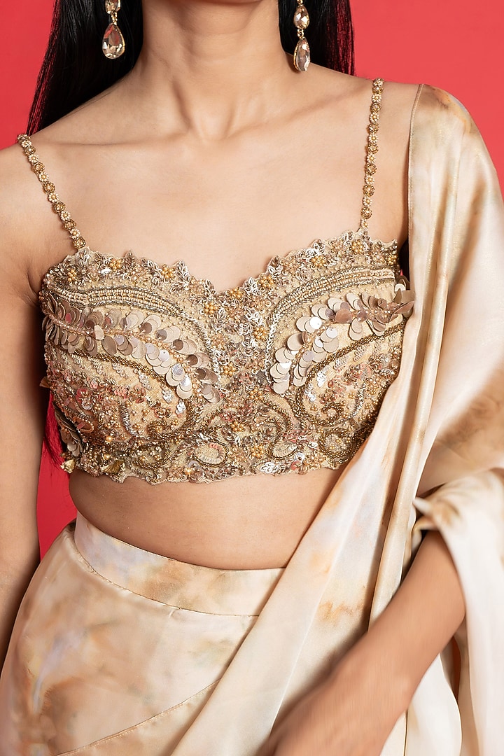 Ivory-Gold Georgette Mug-Dye Printed Wedding Saree Set by Aurouss at Pernia's Pop Up Shop
