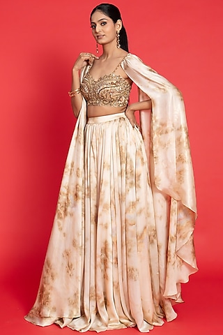 Ivory-Gold Georgette Mug-Dye Printed Lehenga Set by Aurouss