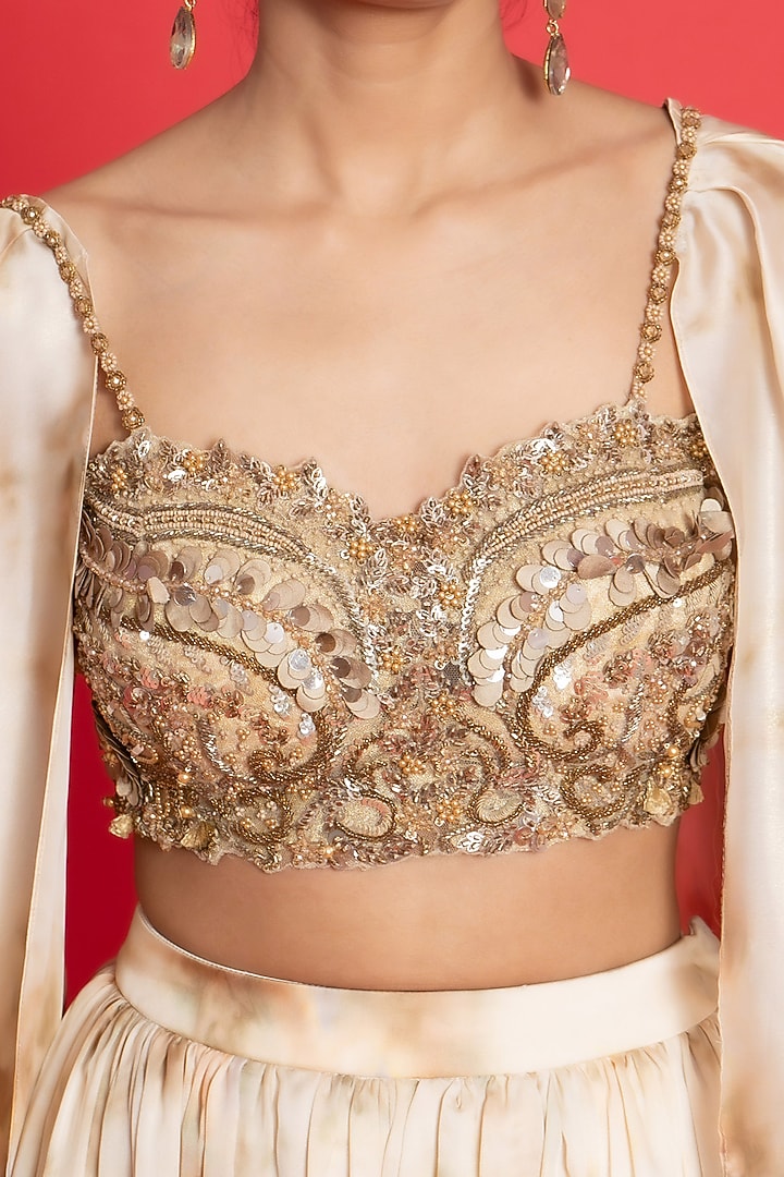 Ivory-Gold Georgette Mug-Dye Printed Wedding Lehenga Set by Aurouss at Pernia's Pop Up Shop