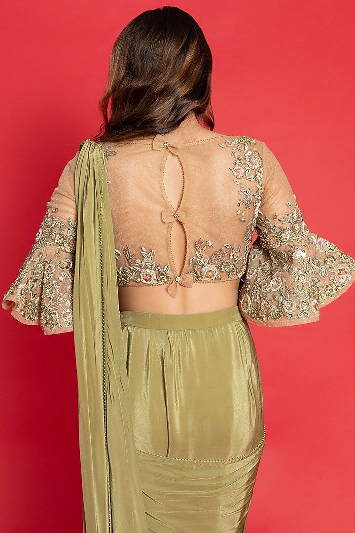 Green-Gold Shimmer & Tulle Draped Wedding Saree Set by Aurouss at Pernia's Pop Up Shop