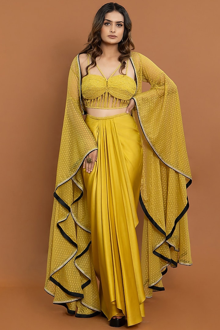 Neon-Gold Satin Draped Skirt Set by Aurouss