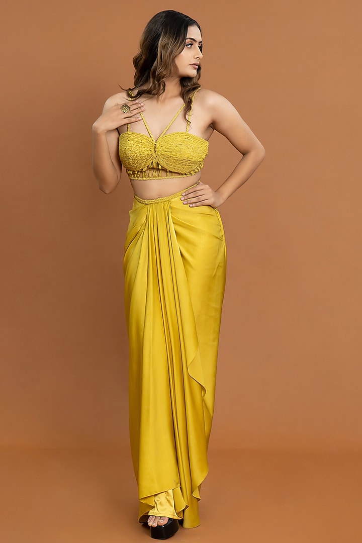 Neon-Gold Satin Draped Skirt Set by Aurouss at Pernia's Pop Up Shop