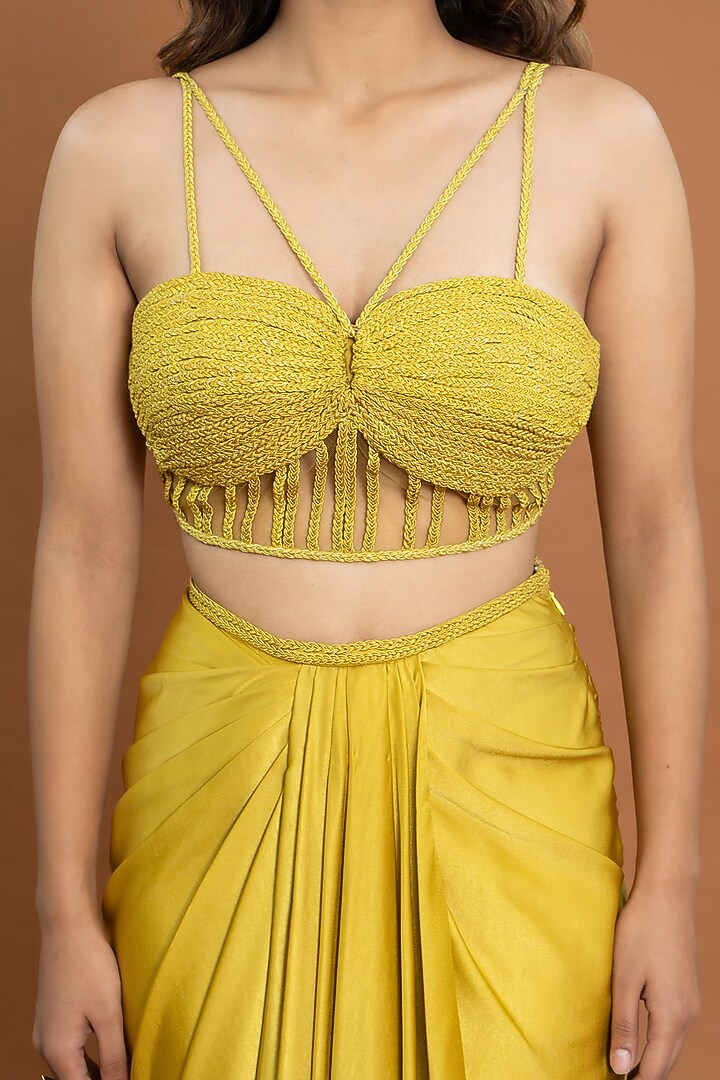 Neon-Gold Satin Draped Skirt Set by Aurouss at Pernia's Pop Up Shop