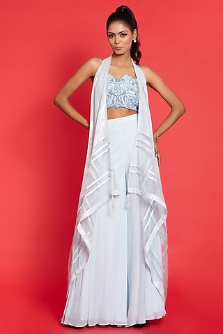 Ice-Blue Georgette & Tulle Shimmery Cape Set by Aurouss