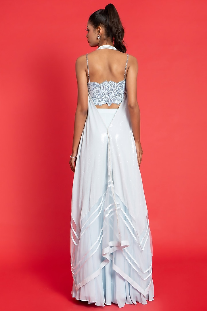 Ice-Blue Georgette & Tulle Shimmery Cape Set by Aurouss at Pernia's Pop Up Shop