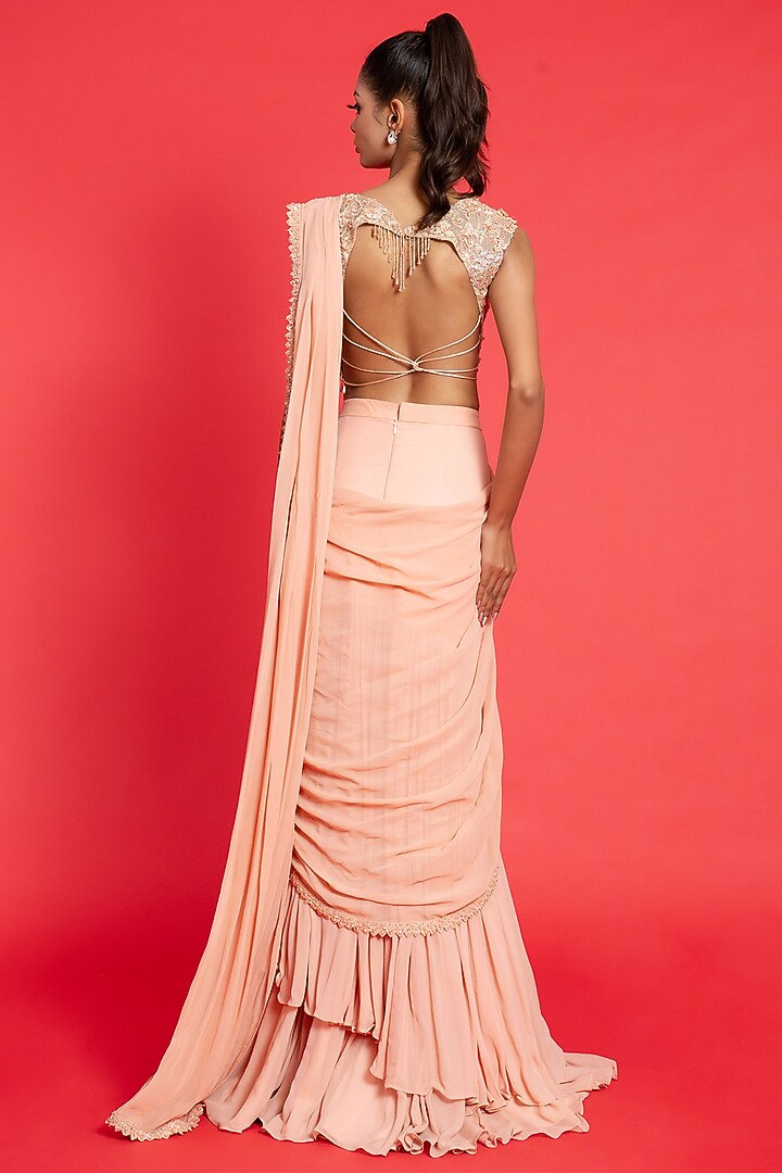 Peach Georgette & Organza Ruffle Draped Wedding Saree Set by Aurouss at Pernia's Pop Up Shop