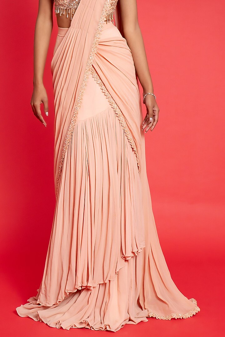 Peach Georgette & Organza Ruffle Draped Wedding Saree Set by Aurouss at Pernia's Pop Up Shop