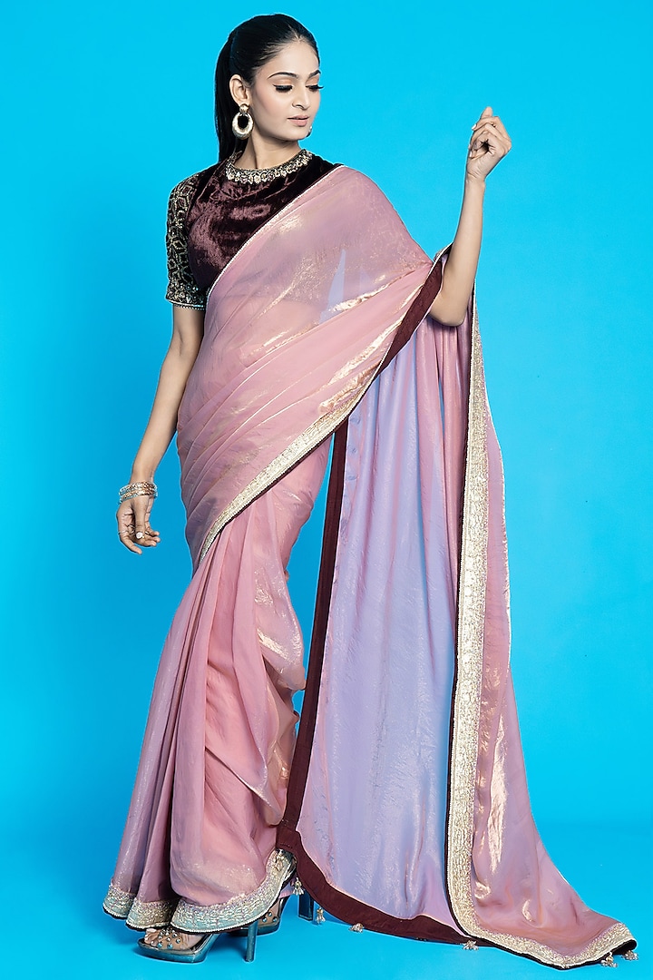 Pink Tissue & Velvet Saree Set by Aurouss