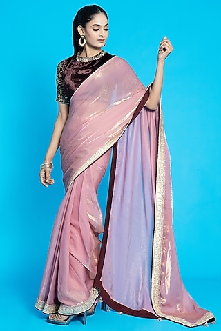 Pink Tissue & Velvet Saree Set by Aurouss