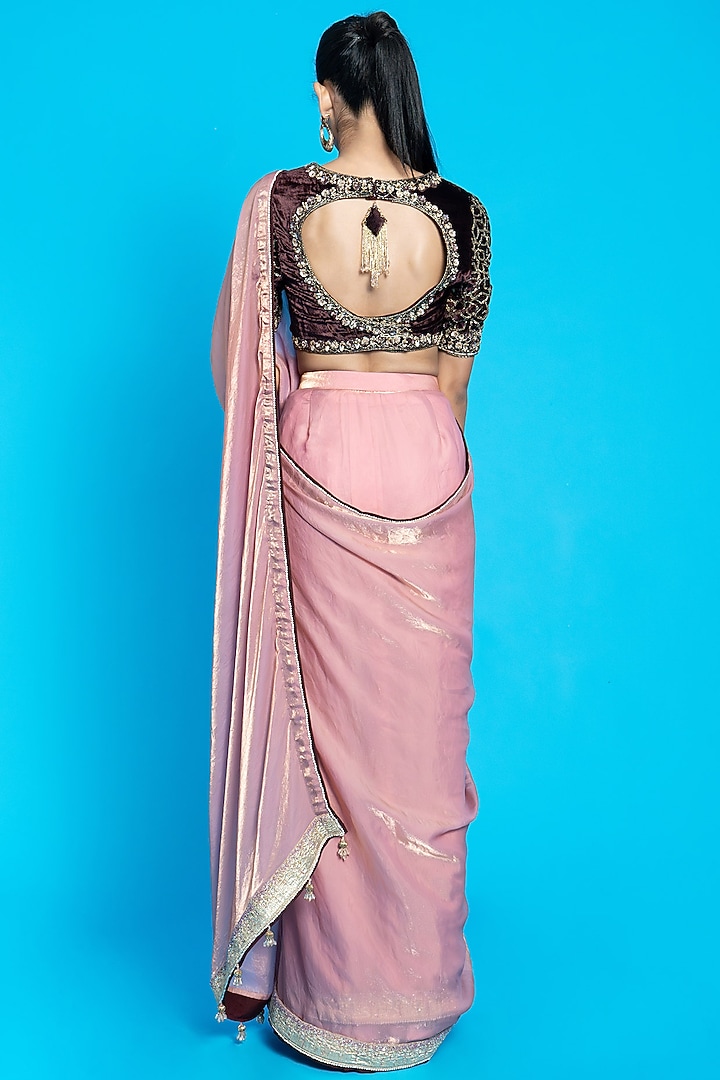 Pink Tissue & Velvet Wedding Saree Set by Aurouss at Pernia's Pop Up Shop
