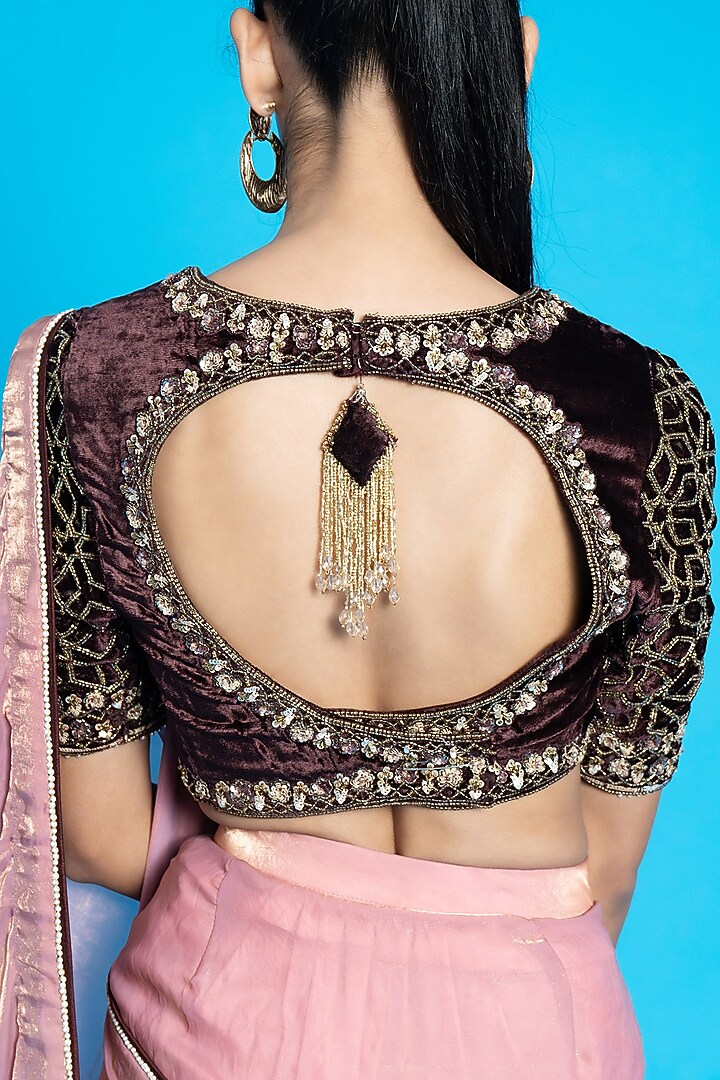 Pink Tissue & Velvet Wedding Saree Set by Aurouss at Pernia's Pop Up Shop