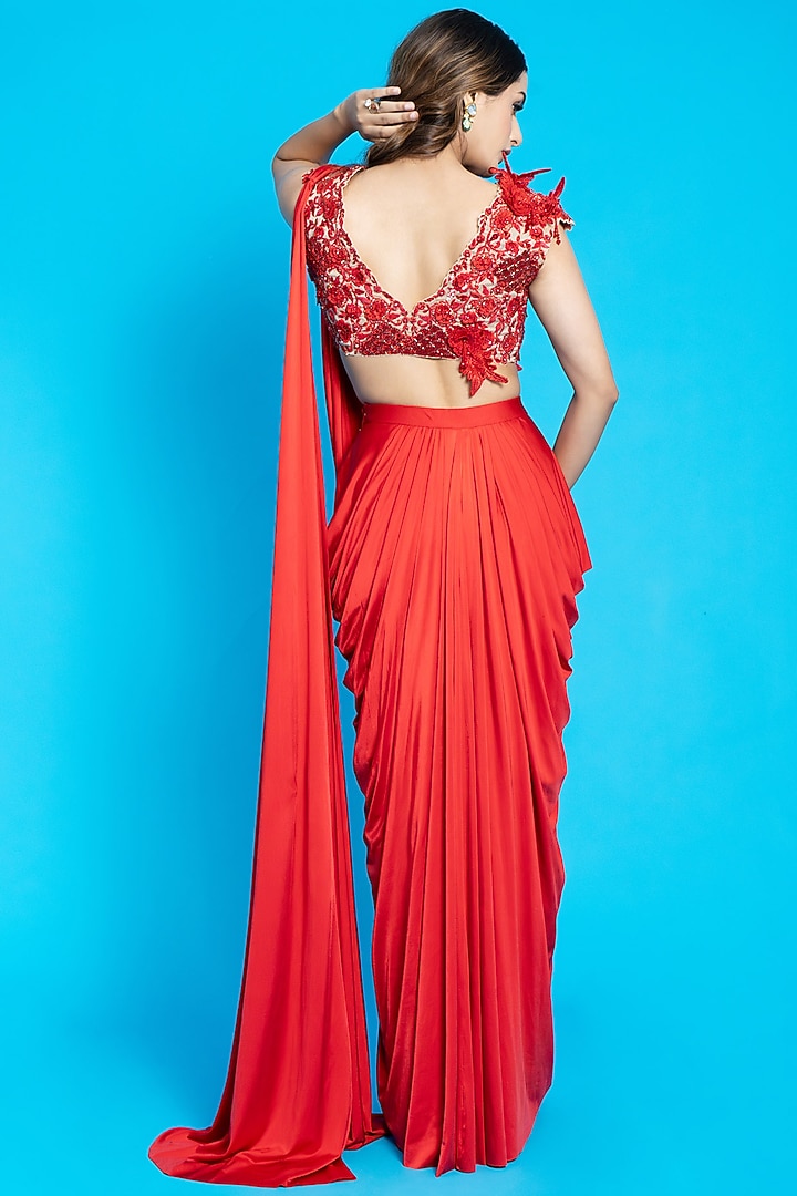 Red Lycra & Organza Sequins Embroidered Draped Wedding Saree Set by Aurouss at Pernia's Pop Up Shop
