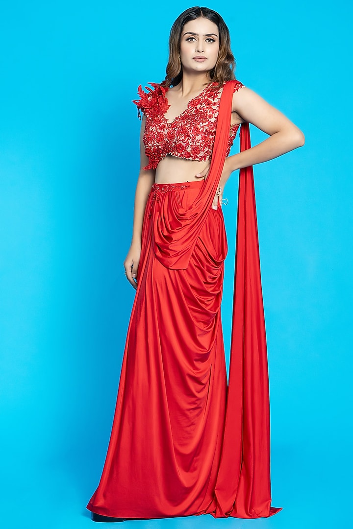 Red Lycra & Organza Sequins Embroidered Draped Wedding Saree Set by Aurouss at Pernia's Pop Up Shop