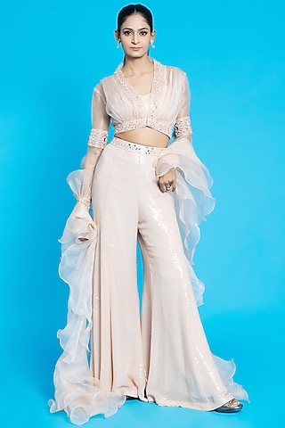 Peach Organza & Sequins Mirror Embroidered Palazzo Set by Aurouss