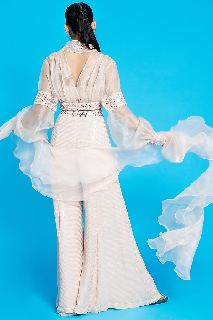 Peach Organza & Sequins Mirror Embroidered Palazzo Set by Aurouss at Pernia's Pop Up Shop