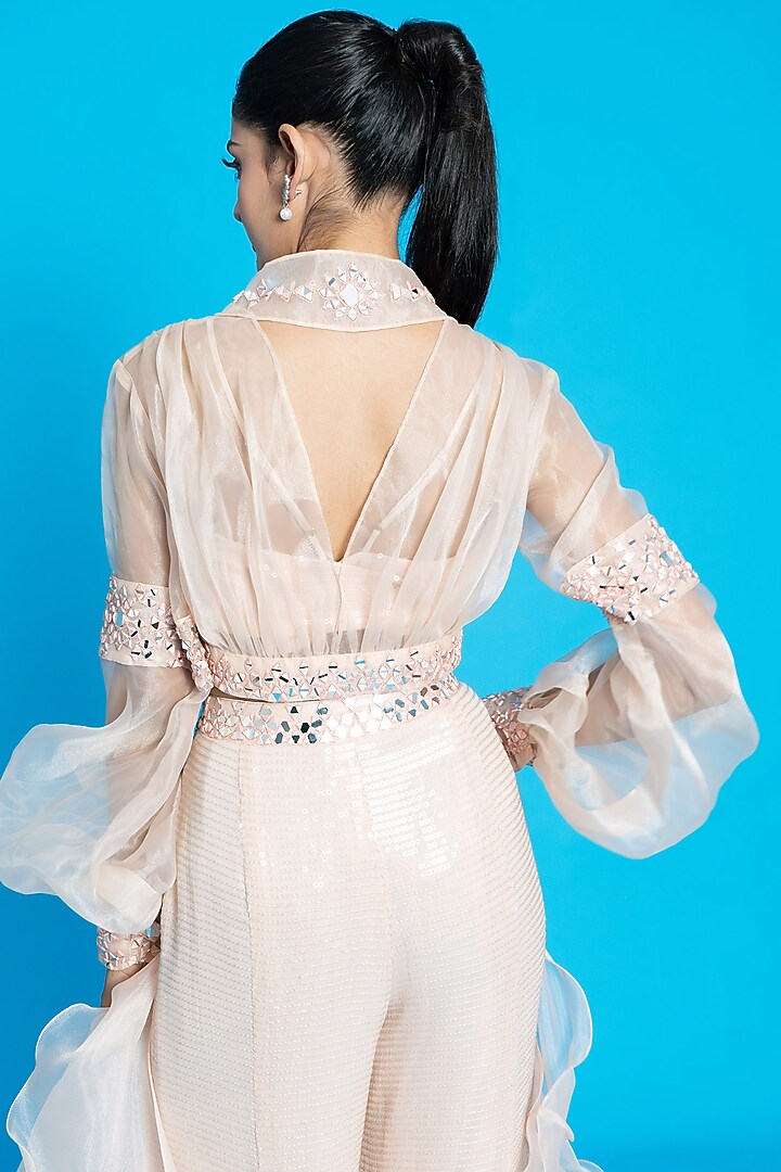 Peach Organza & Sequins Mirror Embroidered Palazzo Set by Aurouss at Pernia's Pop Up Shop