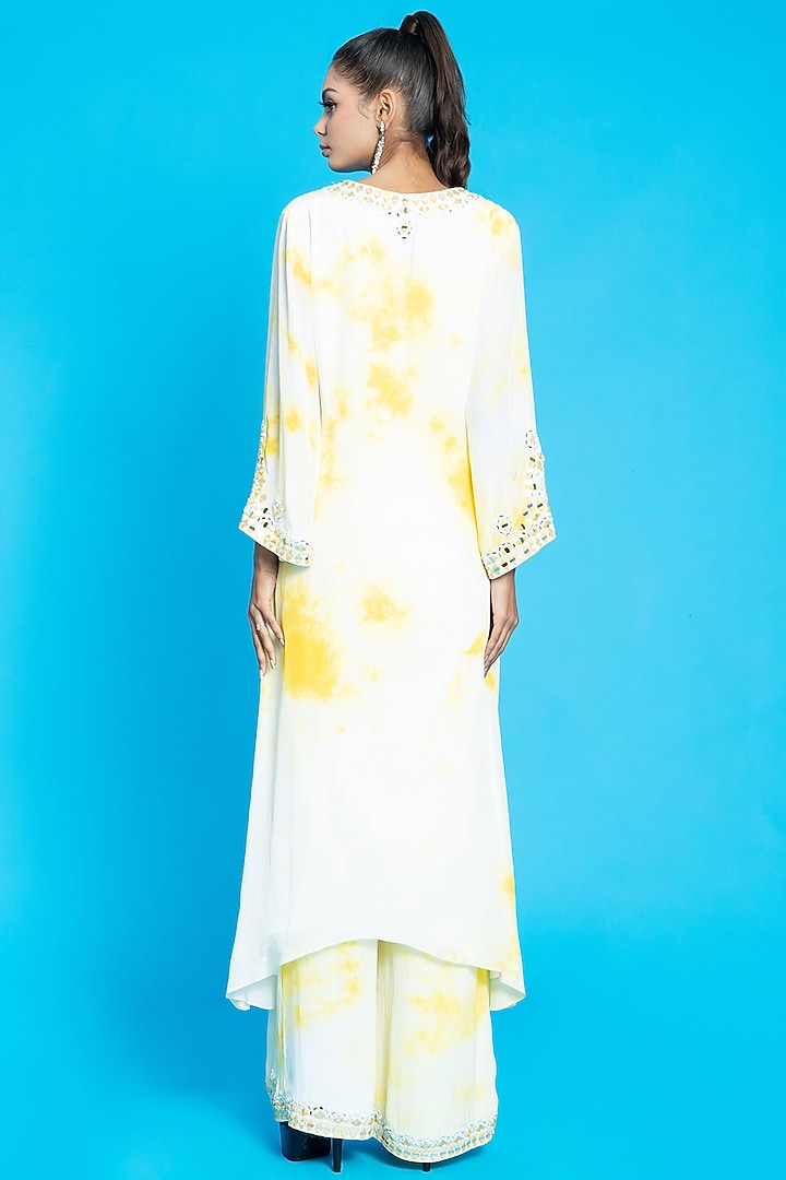 Yellow & Ivory Crepe Mirror Embroidered Kurta Set by Aurouss at Pernia's Pop Up Shop