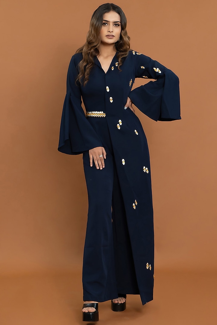 Blue Crepe Embroidered Jumpsuit by Aurouss