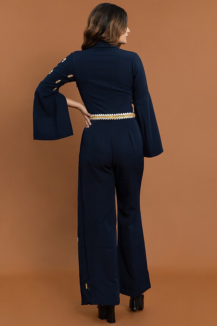 Blue Crepe Embroidered Jumpsuit by Aurouss at Pernia's Pop Up Shop