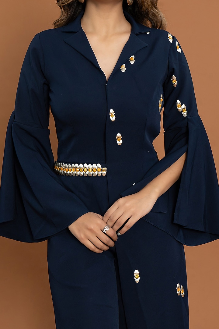 Blue Crepe Embroidered Jumpsuit by Aurouss at Pernia's Pop Up Shop