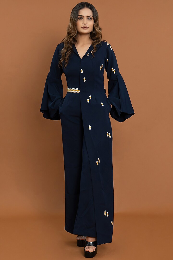 Blue Crepe Embroidered Jumpsuit by Aurouss at Pernia's Pop Up Shop