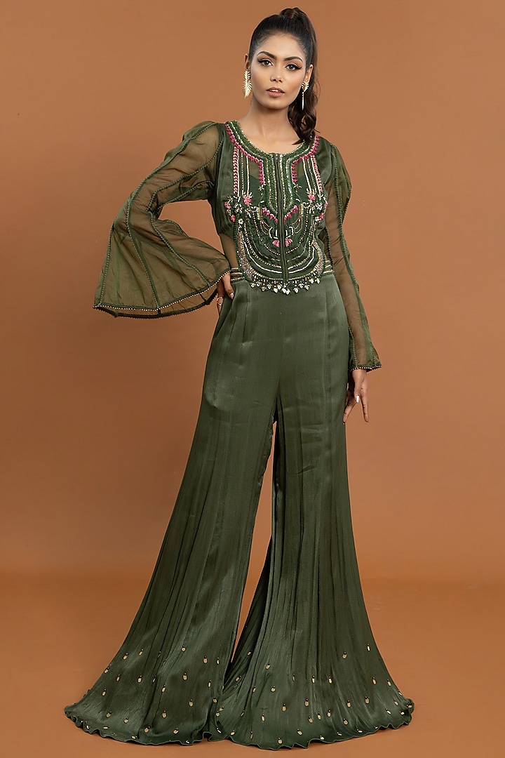 Mehendi Green Crepe & Organza Hand Embroidered Jumpsuit by Aurouss