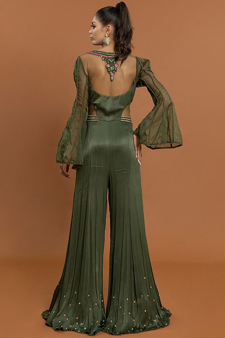 Mehendi Green Crepe & Organza Hand Embroidered Jumpsuit by Aurouss at Pernia's Pop Up Shop