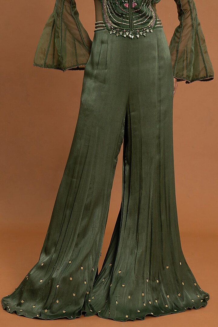Mehendi Green Crepe & Organza Hand Embroidered Jumpsuit by Aurouss at Pernia's Pop Up Shop