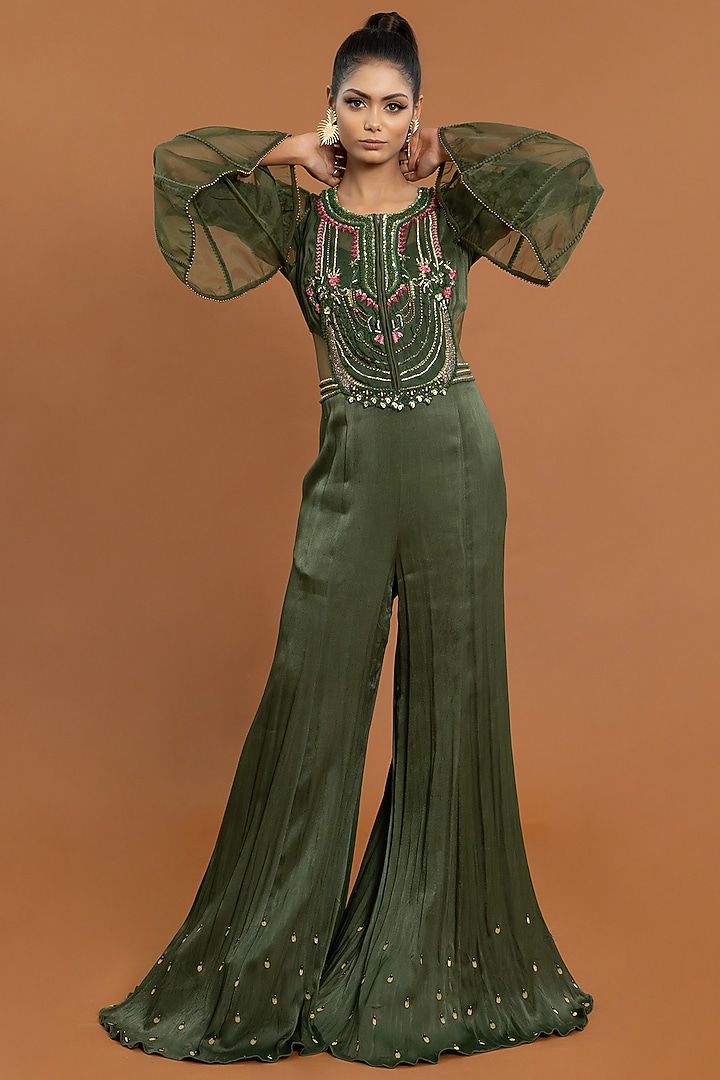 Mehendi Green Crepe & Organza Hand Embroidered Jumpsuit by Aurouss at Pernia's Pop Up Shop