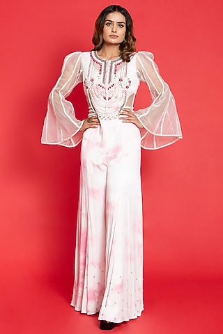 Ivory-Pink Crepe & Organza Hand Embroidered Jumpsuit by Aurouss