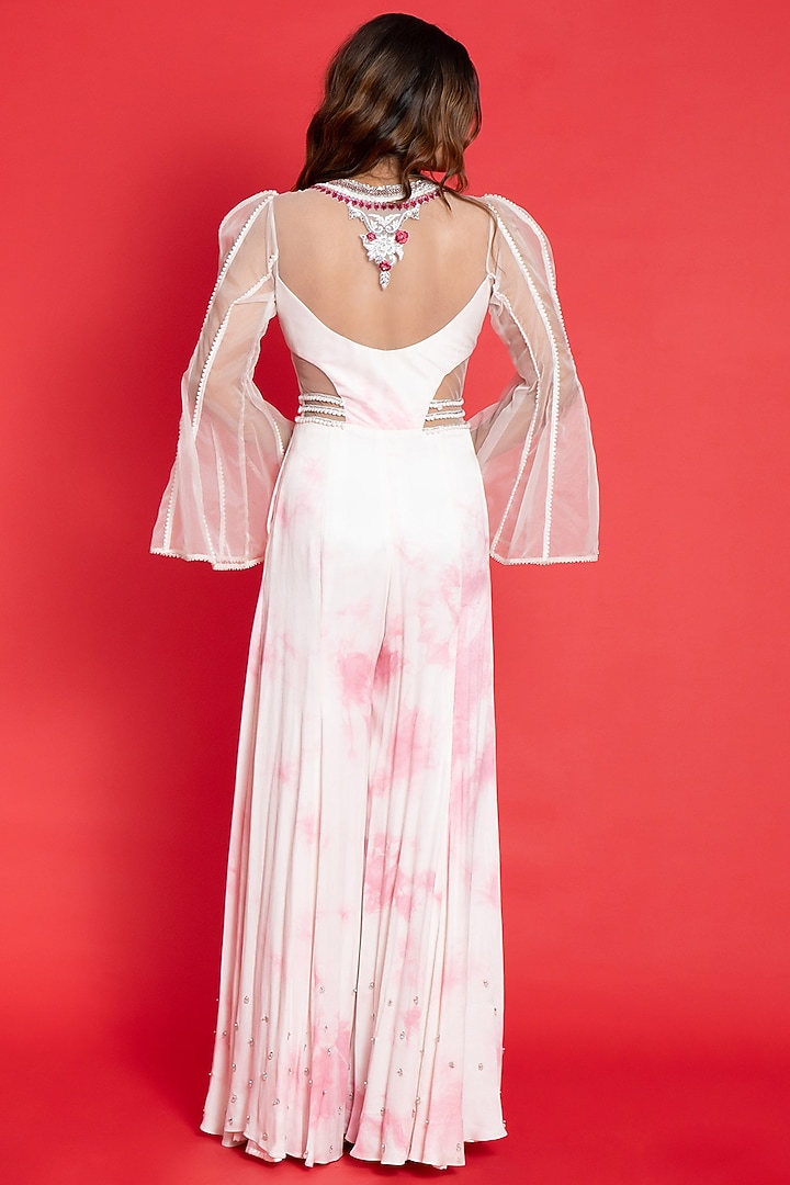 Ivory-Pink Crepe & Organza Hand Embroidered Jumpsuit by Aurouss at Pernia's Pop Up Shop