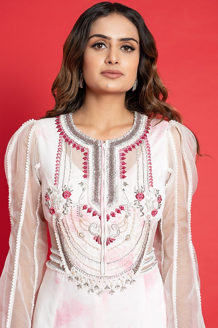 Ivory-Pink Crepe & Organza Hand Embroidered Jumpsuit by Aurouss at Pernia's Pop Up Shop