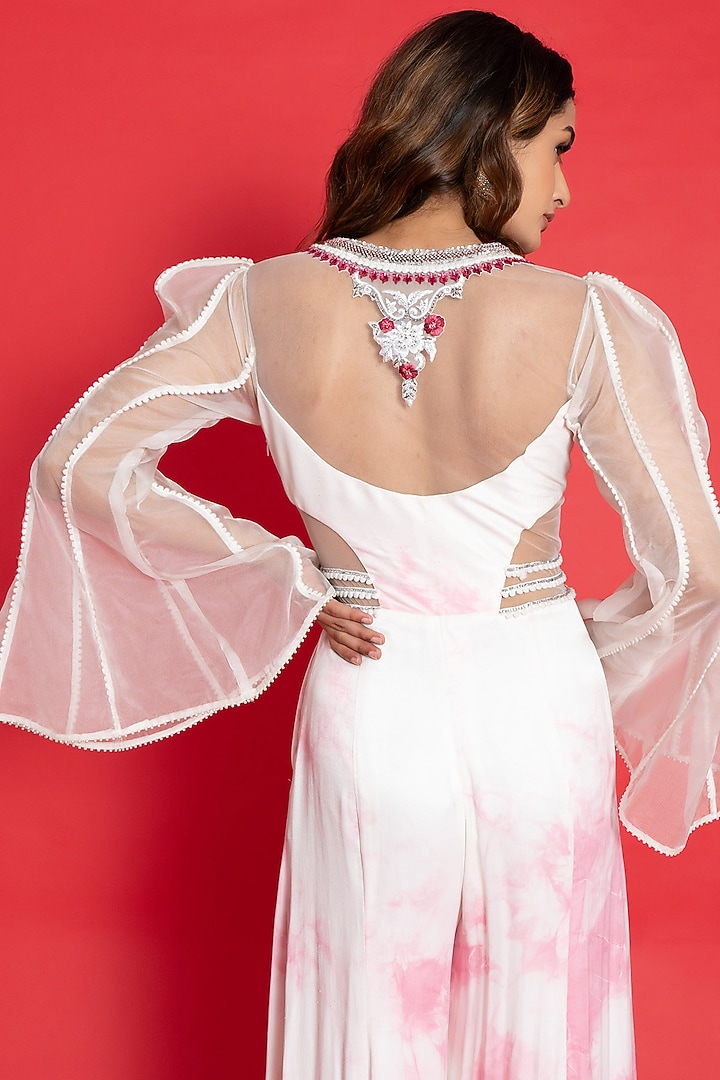 Ivory-Pink Crepe & Organza Hand Embroidered Jumpsuit by Aurouss at Pernia's Pop Up Shop