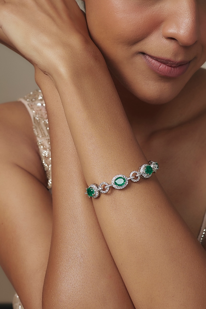 White Rhodium Finish Emerald Synthetic Stone Bracelet In Sterling Silver by Aurashni at Pernia's Pop Up Shop