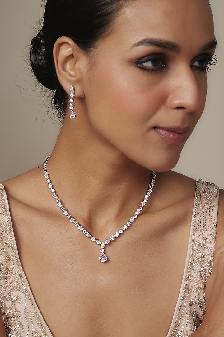 White Rhodium Finish Pink Drop Necklace Set In Sterling Silver by Aurashni at Pernia's Pop Up Shop