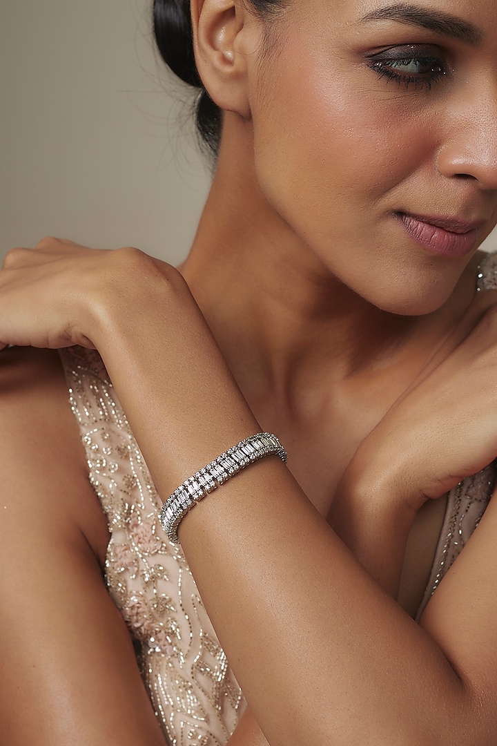 White Rhodium Finish Zircon Bangle In Sterling Silver by Aurashni at Pernia's Pop Up Shop