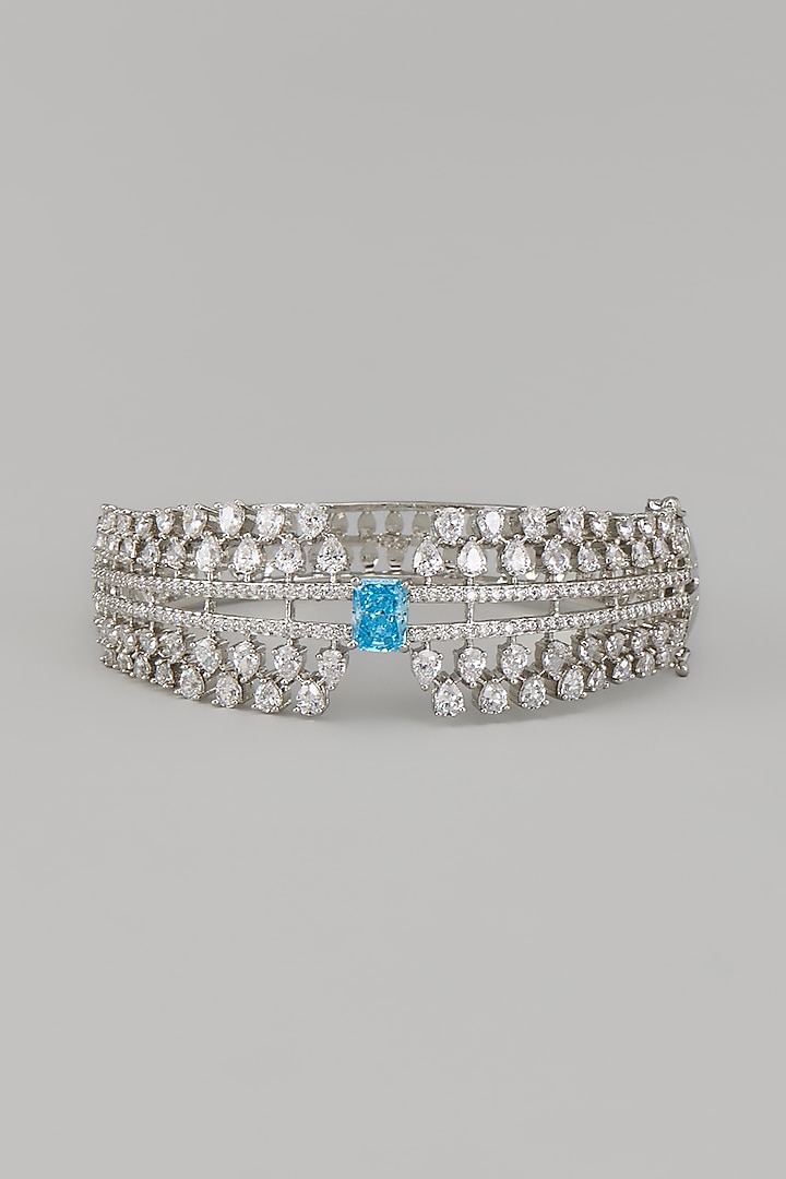 White Rhodium Finish Blue Sapphire Stone Bangle In Sterling Silver by Aurashni at Pernia's Pop Up Shop